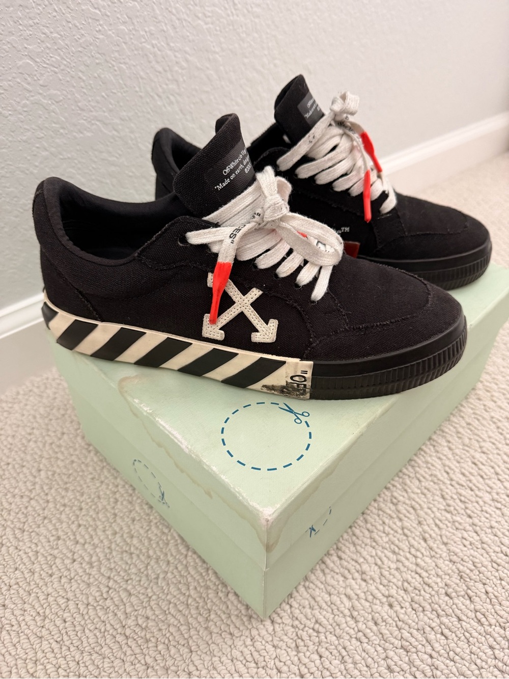 Off-White Black Canvas Kids Sneakers with White X and Red Lace Tips SZ 40 or 7.5